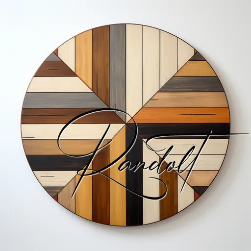 Circular wood panel with geometric pattern and the word "Randall" written across in cursive script.