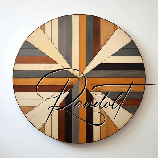 Circular wooden art piece with colored segments and cursive text overlay on white background.