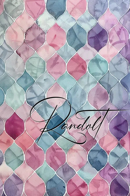 Abstract mosaic pattern with pastel colors in teardrop shapes and cursive word "Randolt."