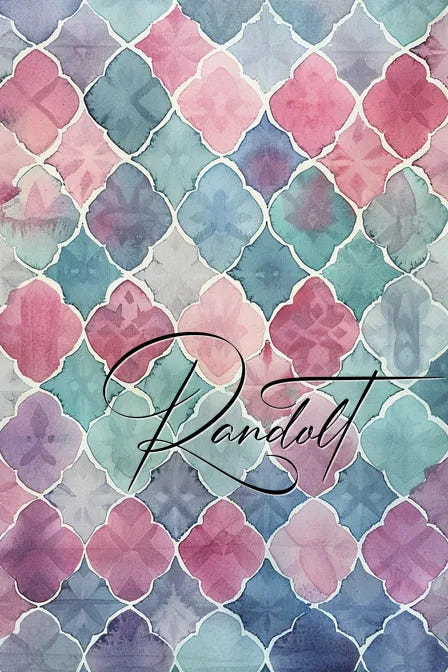 Colorful watercolored geometric pattern with shades of pink, blue, and green featuring the word 'Randollt' in script.