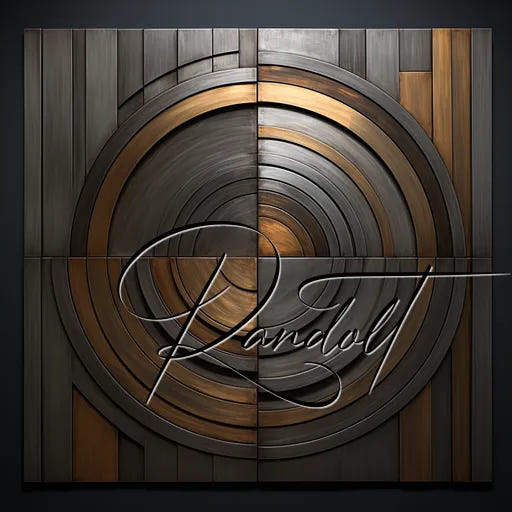 Geometric wall art with concentric circles and signature, featuring bronze and gray tones.