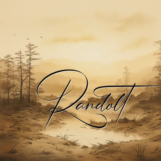 Serene landscape with trees and a river at sunset, enhanced with elegant cursive text reading 'Randolt'.