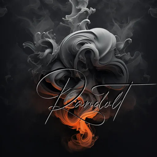 Abstract swirling smoke with white and orange hues, featuring decorative cursive text overlay.