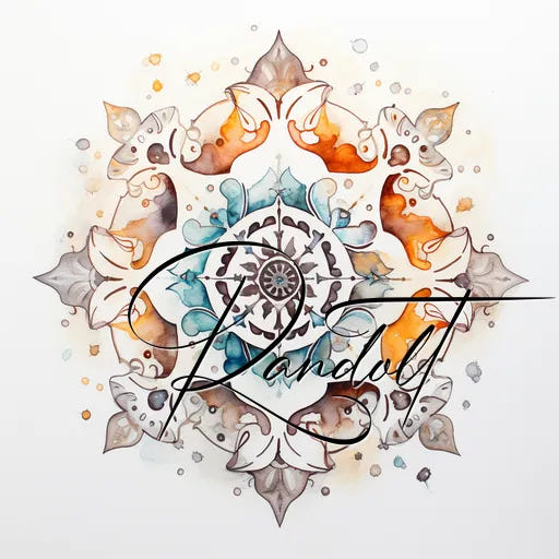 Intricate mandala design with orange and teal watercolor accents, overlaid with elegant cursive text.