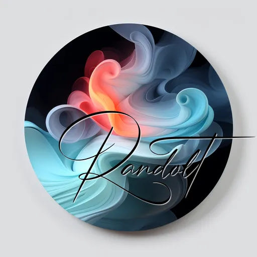 Abstract digital art with swirling blue and red hues, featuring the name 'Randolt' in stylized script.