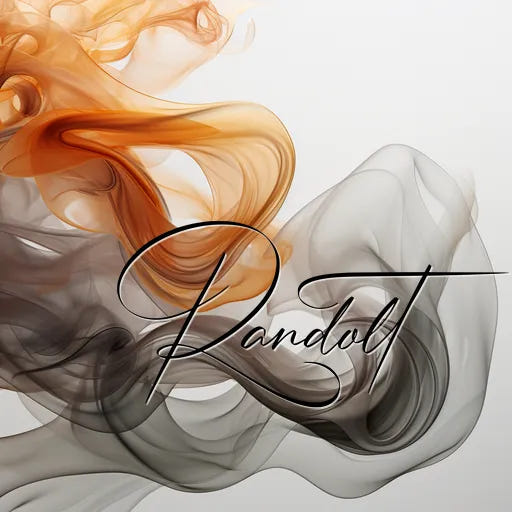 Abstract design with swirling orange and gray smoke on light background, featuring stylized cursive text overlay.