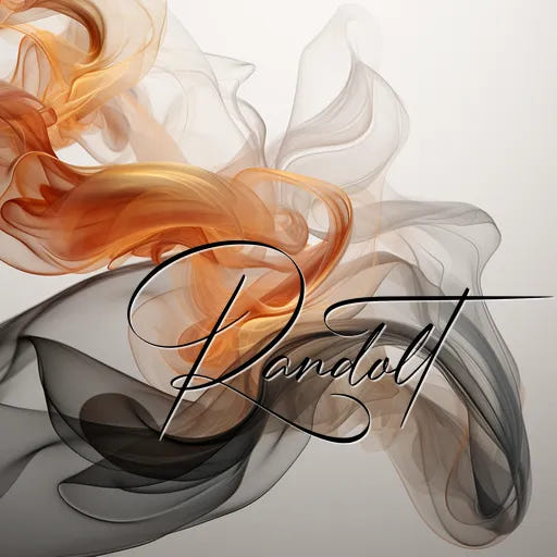 Abstract painting with swirling orange and gray wisps, featuring the word 'Randolt' in elegant script.