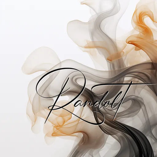 Abstract art with swirling black, gray, and orange wisps on a light background, featuring elegant script text.