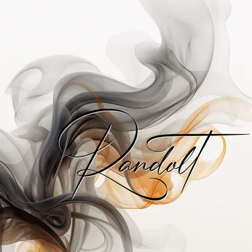 Abstract smoky swirls in black and ochre with cursive text overlay on a light background.