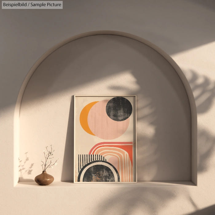 Abstract geometric art with circles and arches in a beige alcove with shadowed background and a small vase.