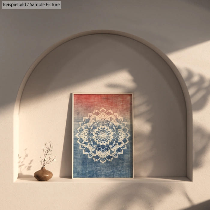 Decorative mandala artwork in a niche with a small vase and gentle shadow patterns on a beige wall.