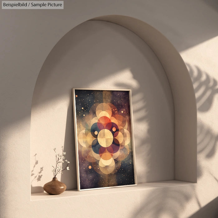 Abstract geometric art print with circles in warm colors on a niche shelf, lit by soft sunlight and a shadow play.