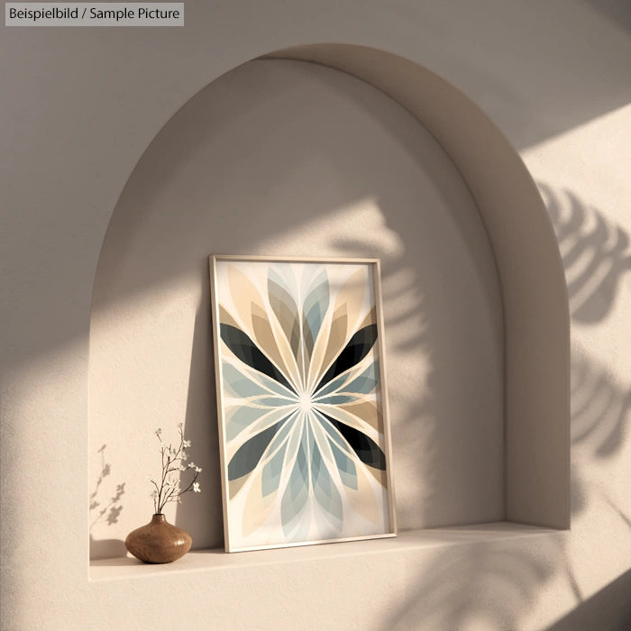 Geometric abstract artwork with blue and beige leaves in a shadowed arch niche, beside a small vase with dried branches.