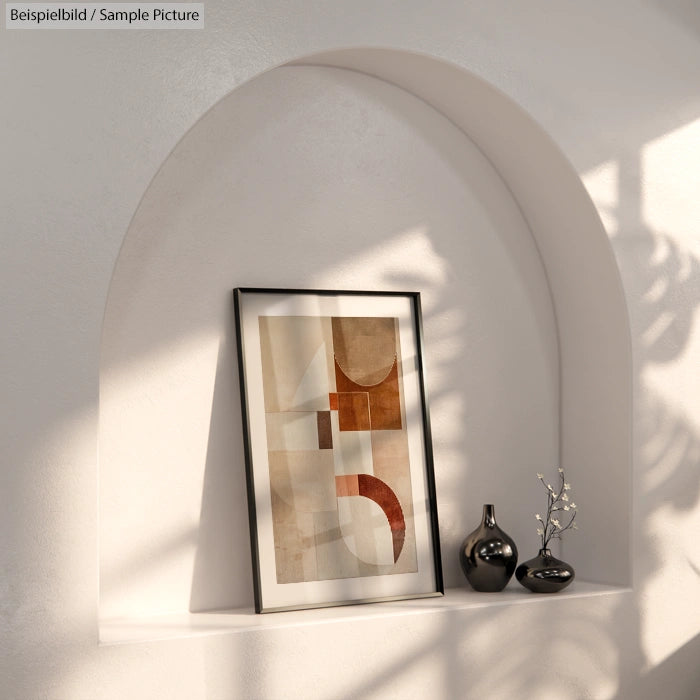 Minimalist abstract art in frame on alcove shelf with two small ceramic vases, casting shadows on textured wall.