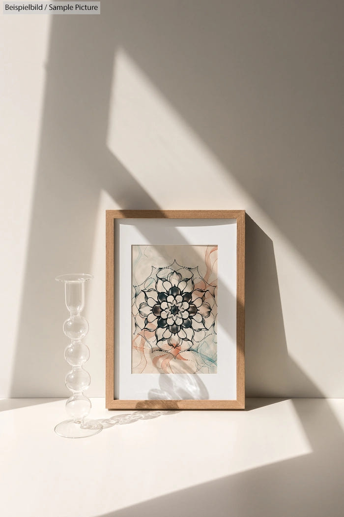 Framed geometric artwork on sunlit surface beside a clear glass candle holder.