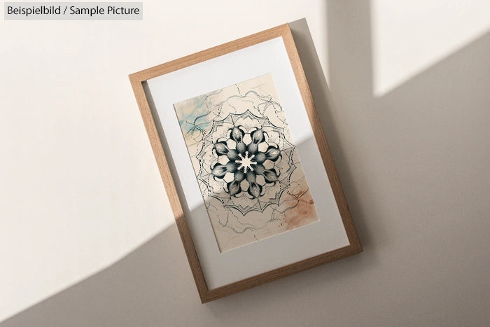 Framed abstract artwork with floral and geometric design in neutral tones, casting a shadow on the wall.