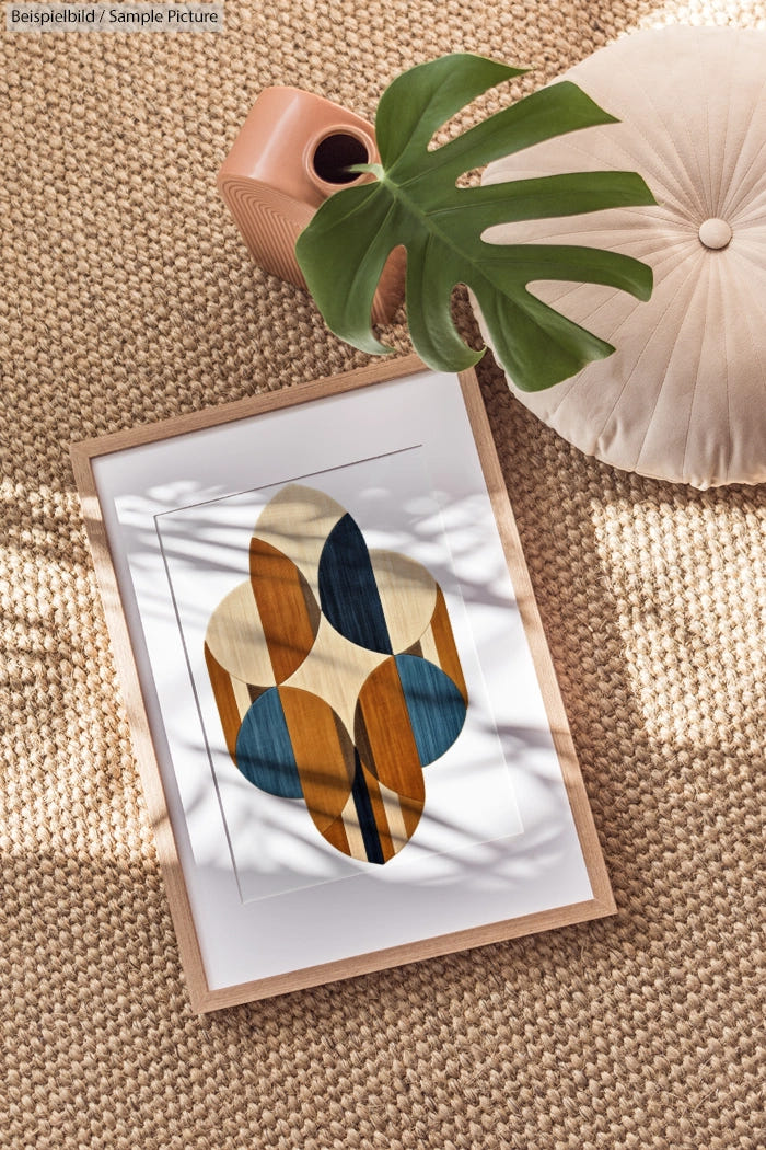 Framed abstract art with oval shapes on wicker rug, plant and pillow nearby, casting shadows.