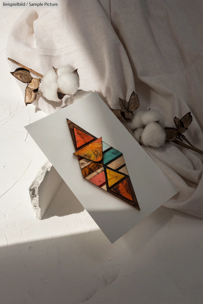 Colorful geometric wooden art on fabric with cotton stems in soft lighting.