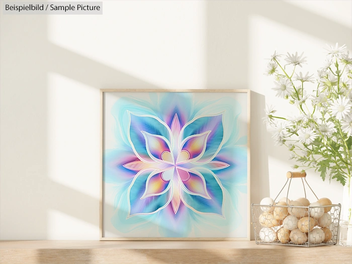 Abstract floral artwork with pastel colors in a wooden frame, placed next to a basket of white and brown decorative spheres.