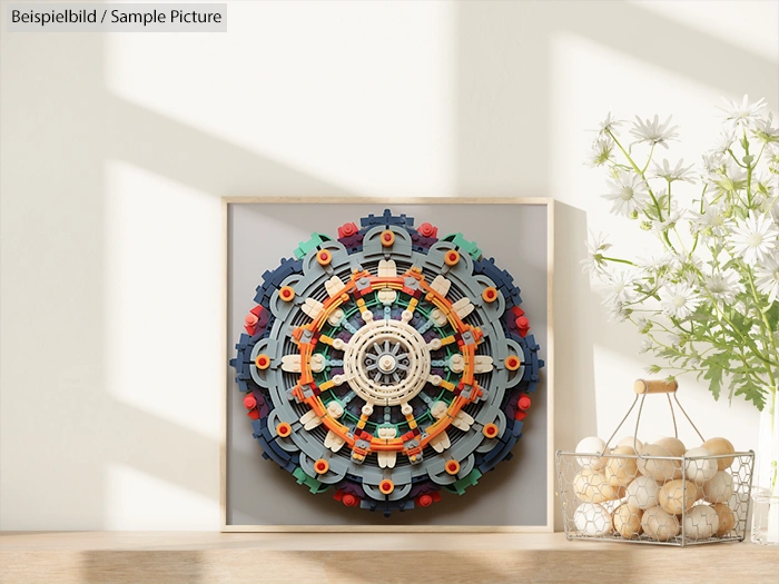 Geometric Lego mosaic with circular patterns, displayed in a wooden frame near decorative white flowers and a basket of seashells.