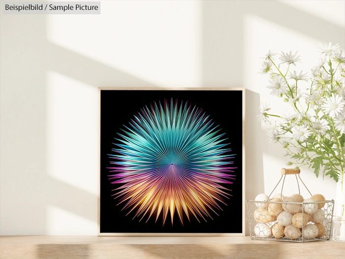 Colorful abstract spiky pattern in square frame on wooden shelf with flowers and stones, sunlight casting shadows.