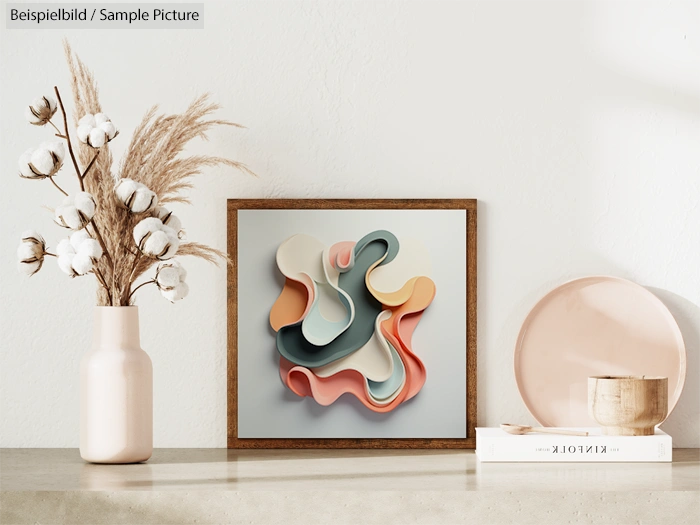 Stylish room with abstract wall art, cotton stems in vase, and decorative plate on a shelf.