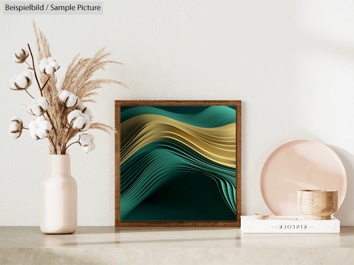 Modern living room decor with framed abstract art, vase with cotton stems, and minimalistic design elements.