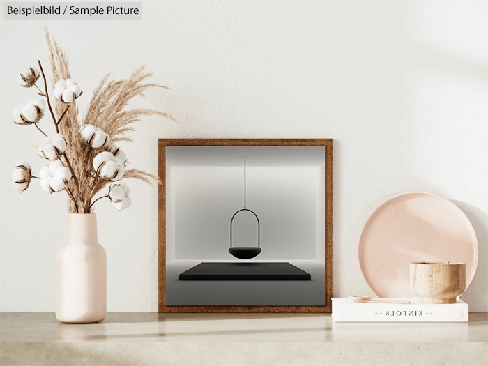 Minimalistic interior with framed modern art, pampas grass in a vase, and round wooden decor on a shelf.