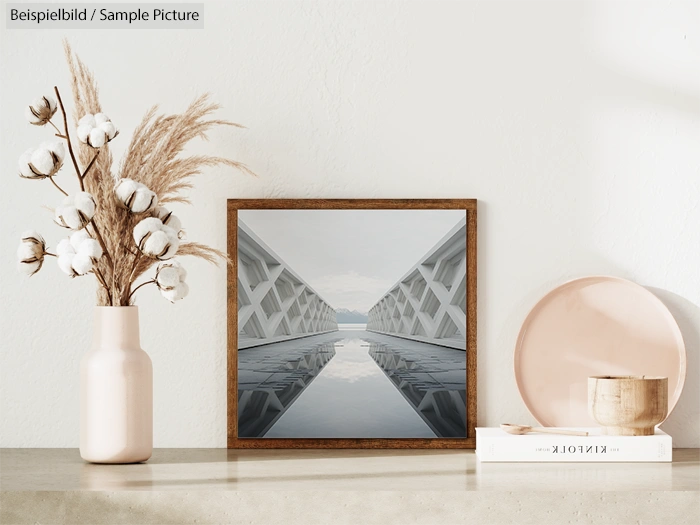 Modern interior with framed geometric photograph, vase of dried plants, and decorative items on a shelf.