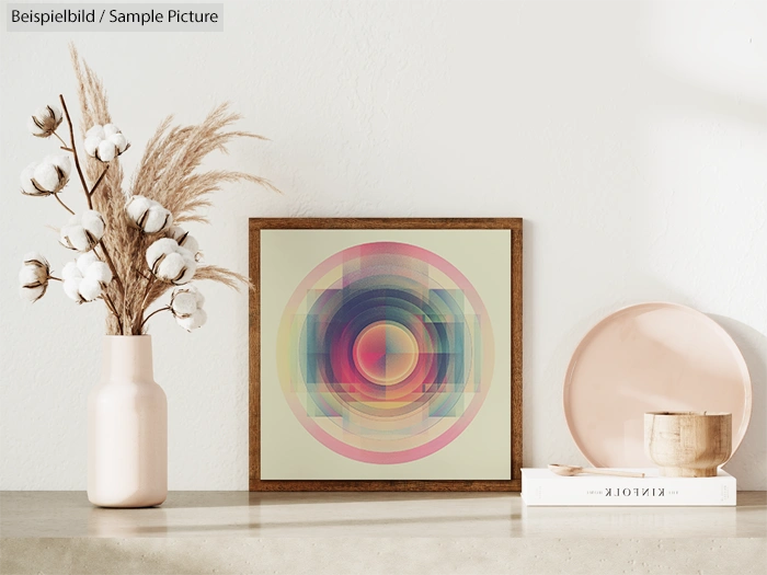 Decor with framed abstract art, dried flowers in vase, pink plate, and small wooden container on light shelf.