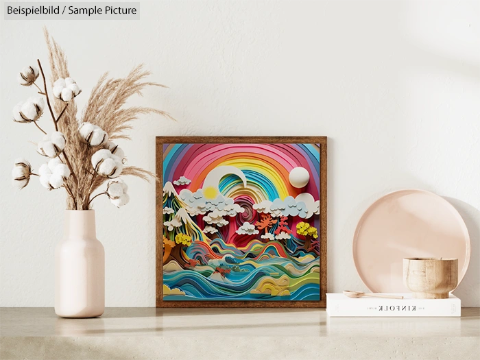 Colorful paper art landscape with rainbow, clouds, and sea displayed on a white shelf with vases of plants.