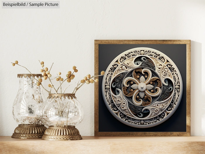 Embossed circular wall art with intricate swirls beside glass vases with dried flowers on a wooden shelf.