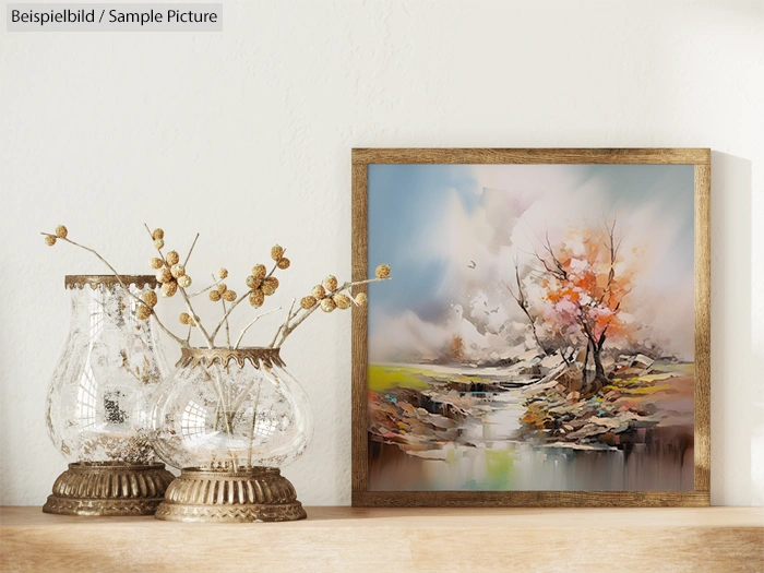 Framed landscape painting with autumn trees, next to decorative glass vases on a wooden shelf.