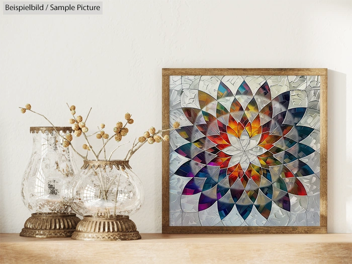 Stained glass floral mosaic in wooden frame beside decorative glass vases on a shelf.