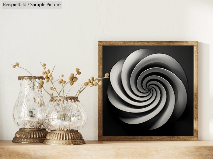 Framed abstract spiral artwork next to decorative glass vases with dried flowers on a wooden shelf.