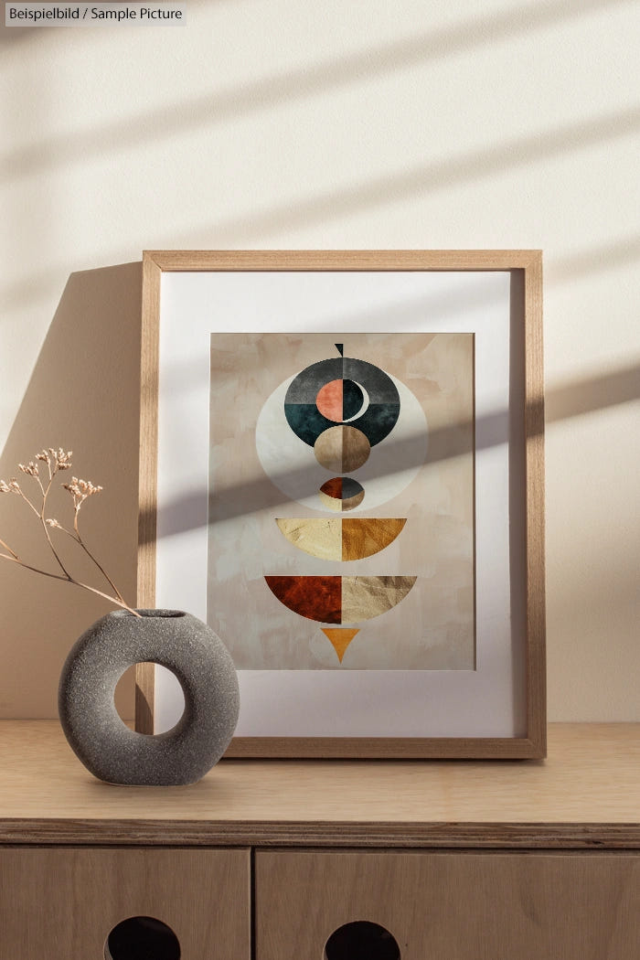 Framed abstract artwork with geometric shapes on a wooden cabinet, next to a round vase on a beige wall.