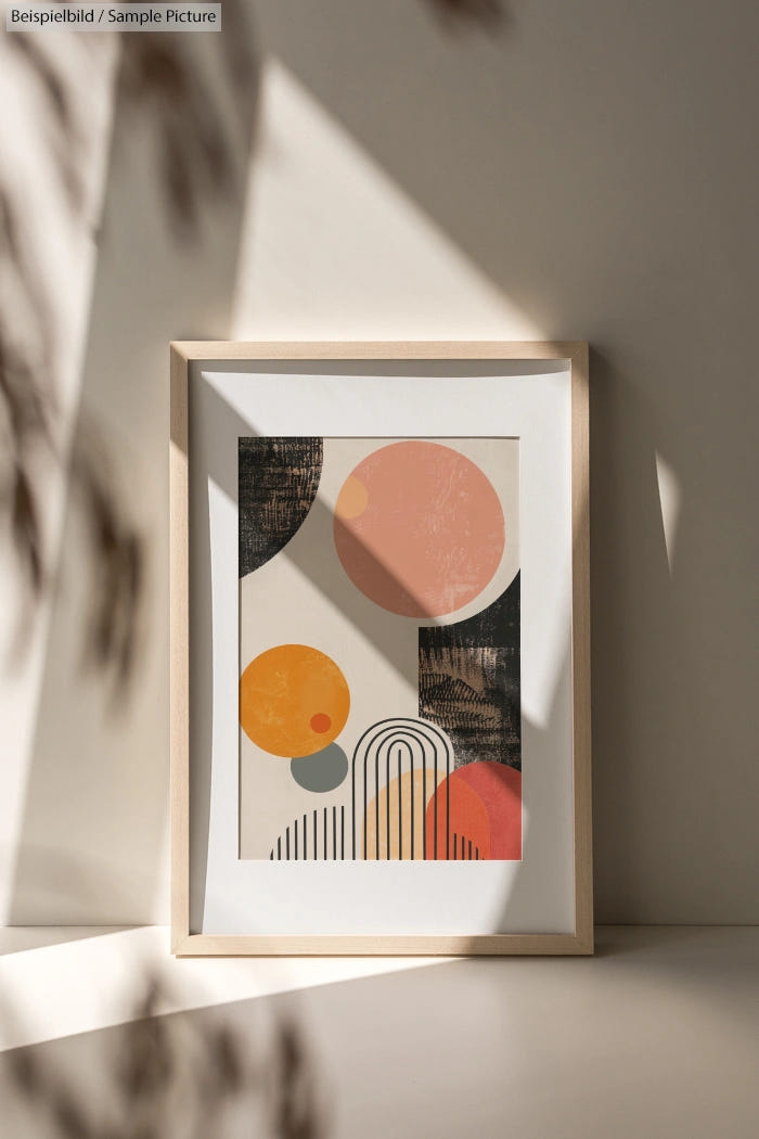 Framed geometric abstract art with orange and black circles and archways, set against a sunlit background.