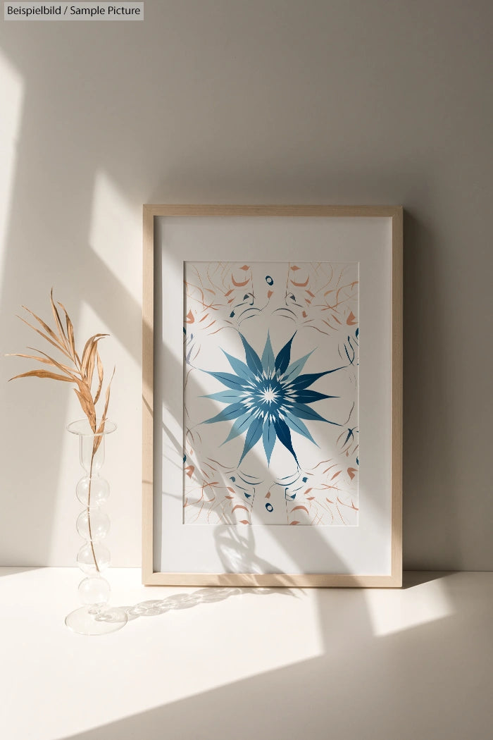 Framed artwork with blue floral star pattern, set against a neutral wall, and an artistic glass vase with dried grass nearby.