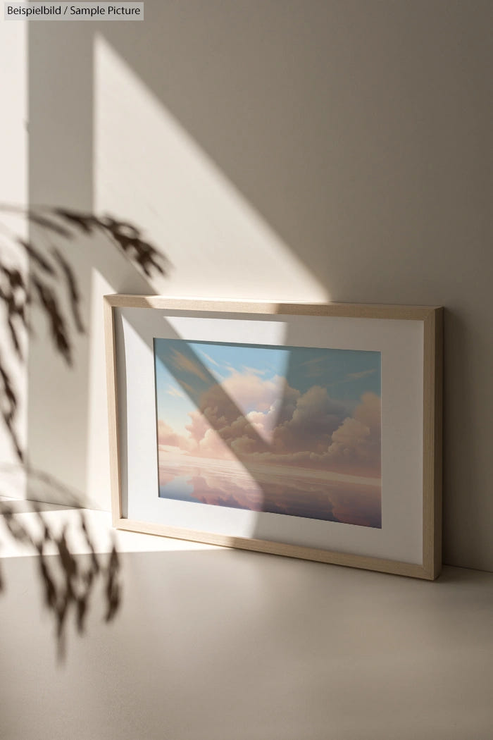 Art print with pastel clouds in a minimalist beige room with a plant shadow.