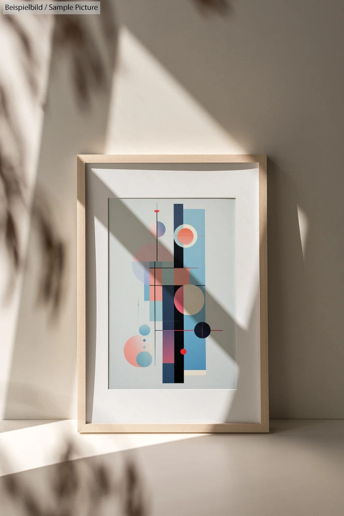 Framed geometric abstract art with circles and rectangles, displayed on a sunlit wall with shadow patterns.