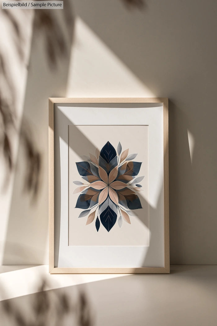 Framed abstract leaf art print with earthy tones, leaning against a wall with soft shadows from nearby leaves.