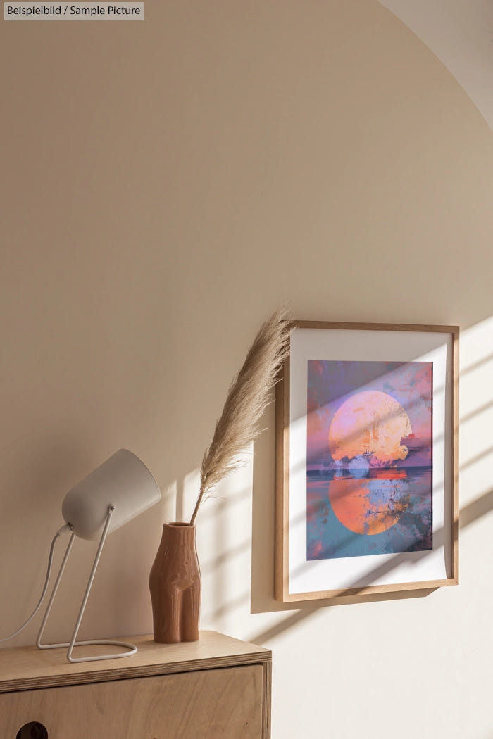 Minimalist interior with framed abstract art, white lamp, and dried grass in a brown vase on a wooden table.