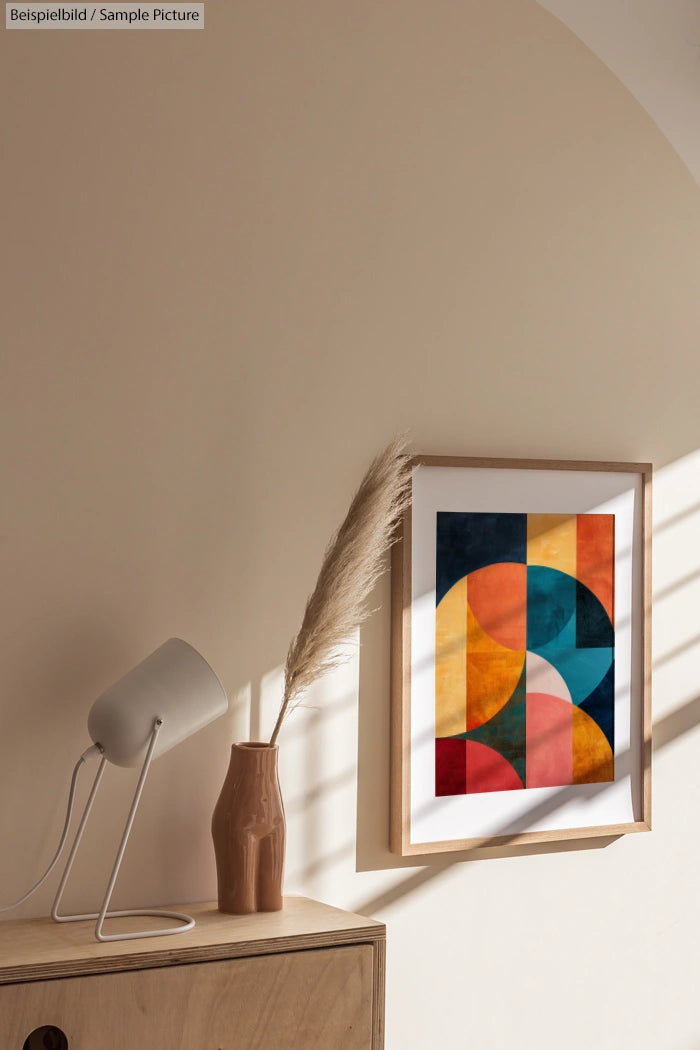 Minimalist workspace with abstract art, desk lamp, vase, and dried grass under soft sunlight.