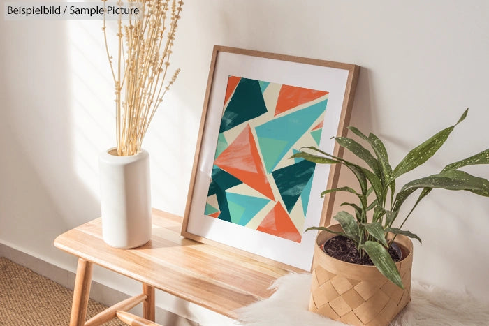 Framed geometric art with teal, orange, and cream shapes on wooden bench with plant and vase in bright room.