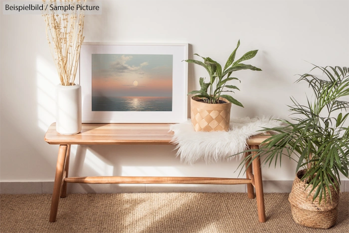 Cozy room decor with plants on a wooden bench, framed sunset art, and soft fur rug, against a white wall.