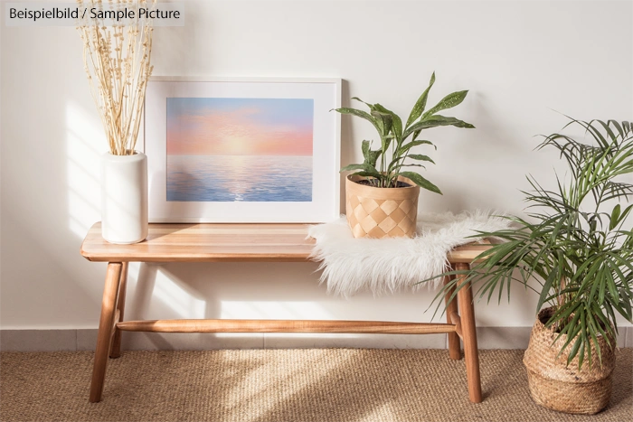 Wooden bench with plants and framed ocean sunset photo on white wall, bathed in natural light.