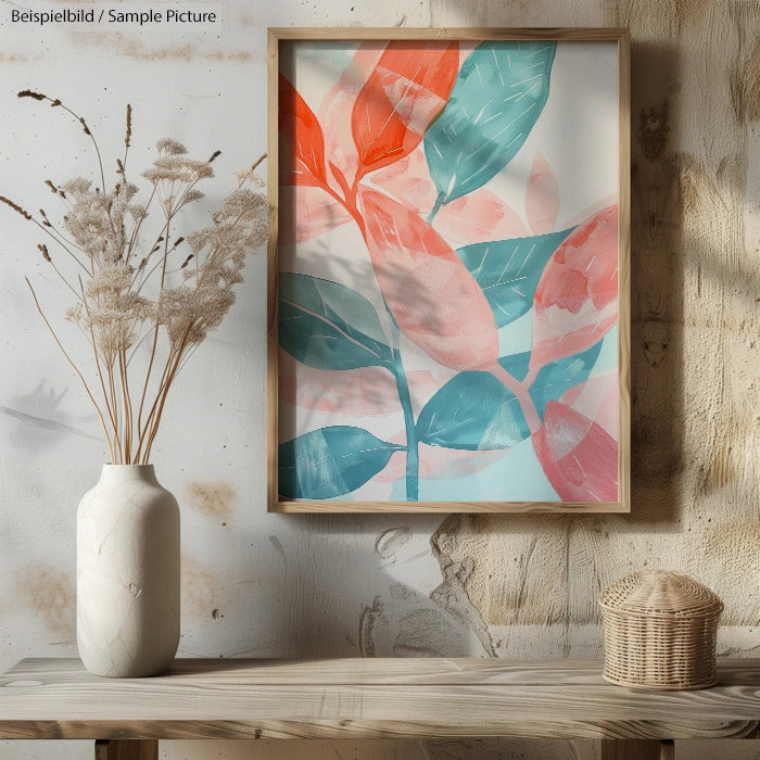 Framed pastel leaf artwork on textured wall with vase of dried flowers and woven basket on table.