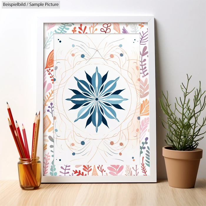 Framed abstract flower art surrounded by colorful patterns, beside a potted plant and pencils on the desk.