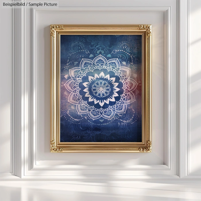 Ornate mandala artwork in a golden frame on a white wall, featuring intricate blue and white patterns.