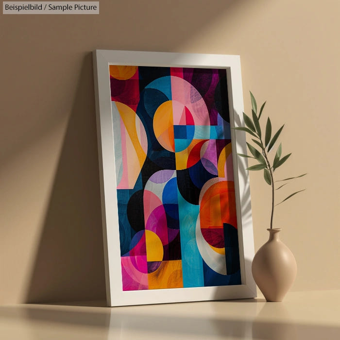 Framed abstract geometric painting with colorful circles and shapes, leaning against a wall near a vase with leaves.